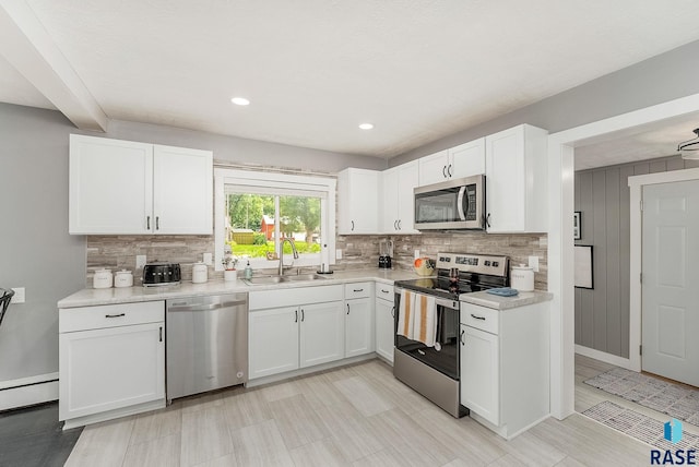 2109 W 37th St, Sioux Falls, SD 57105 - kitchen with appliances with stainless steel finishes, white cabinetry, backsplash, light countertops, and recessed lighting