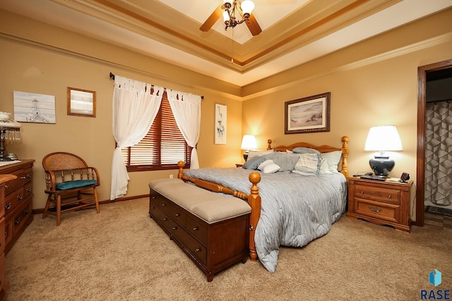 212 S Augusta Ave, Brandon, SD 57005 - bedroom featuring ornamental molding, light carpet, a raised ceiling, and ceiling fan