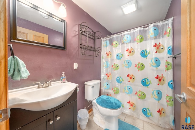 301 N Jenny Ave, Tea, SD 57064 - bathroom with tile patterned flooring, vanity, vaulted ceiling, and a shower with shower curtain