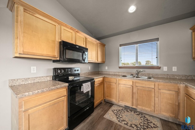 301 N Jenny Ave, Tea, SD 57064 - kitchen with black appliances, vaulted ceiling, dark wood finished floors, recessed lighting, and light brown cabinets