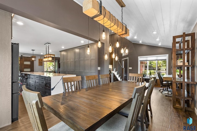 4513 S Southridge Dr, Sioux Falls, SD 57105 - dining area featuring dark wood-style floors, recessed lighting, lofted ceiling, and wooden ceiling