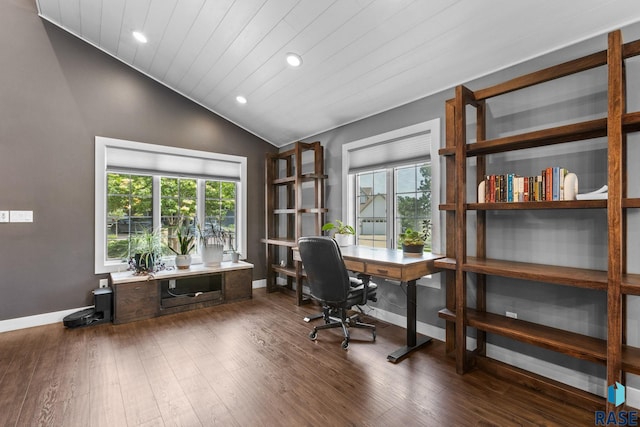 4513 S Southridge Dr, Sioux Falls, SD 57105 - office featuring vaulted ceiling, plenty of natural light, recessed lighting, dark wood-type flooring, and wooden ceiling