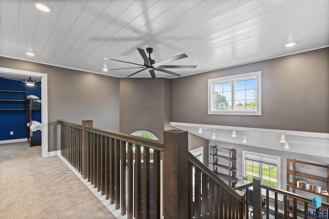 4513 S Southridge Dr, Sioux Falls, SD 57105 - hallway featuring an upstairs landing, recessed lighting, carpet floors, plenty of natural light, and wooden ceiling