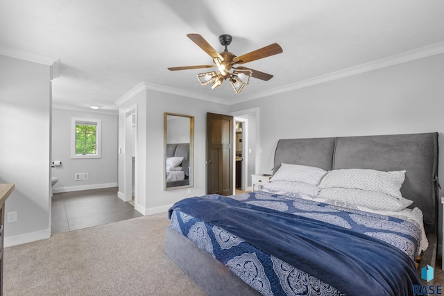 4513 S Southridge Dr, Sioux Falls, SD 57105 - bedroom featuring ornamental molding, carpet flooring, ceiling fan, and connected bathroom