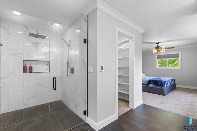 4513 S Southridge Dr, Sioux Falls, SD 57105 - bathroom featuring ornamental molding, a marble finish shower, connected bathroom, a ceiling fan, and recessed lighting