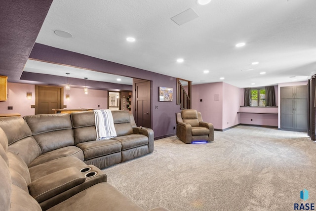 4513 S Southridge Dr, Sioux Falls, SD 57105 - living room featuring light colored carpet, stairway, and recessed lighting
