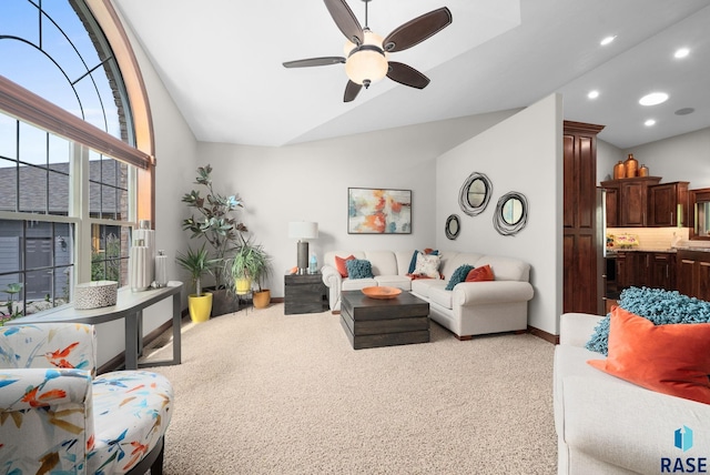 4400 E Aster Cir, Sioux Falls, SD 57103 - living area featuring light carpet, ceiling fan, lofted ceiling, and recessed lighting