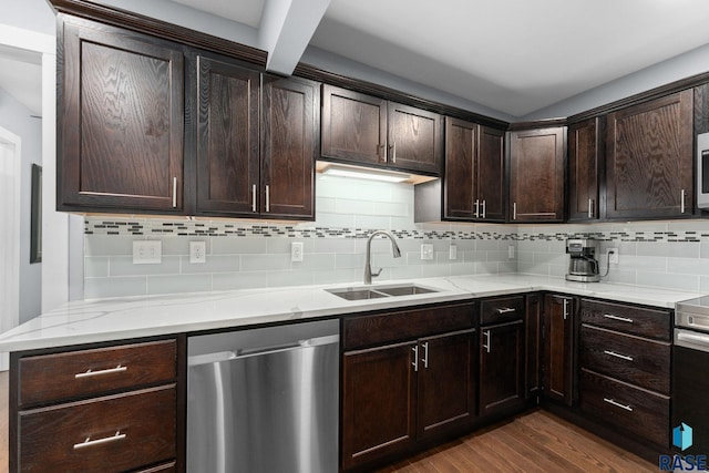 600 Sunnyside Ave, Valley Springs, SD 57068 - kitchen featuring dishwasher, dark wood-type flooring, and decorative backsplash
