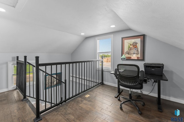 600 Sunnyside Ave, Valley Springs, SD 57068 - office area featuring vaulted ceiling, wood finished floors, recessed lighting, and a textured ceiling