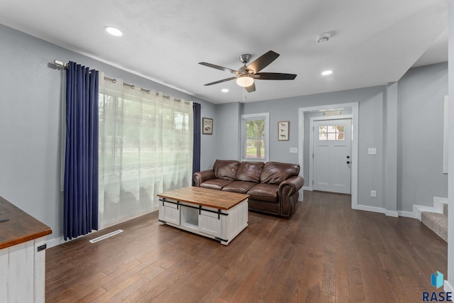 600 Sunnyside Ave, Valley Springs, SD 57068 - living room with dark wood-style flooring, ceiling fan, stairs, and recessed lighting