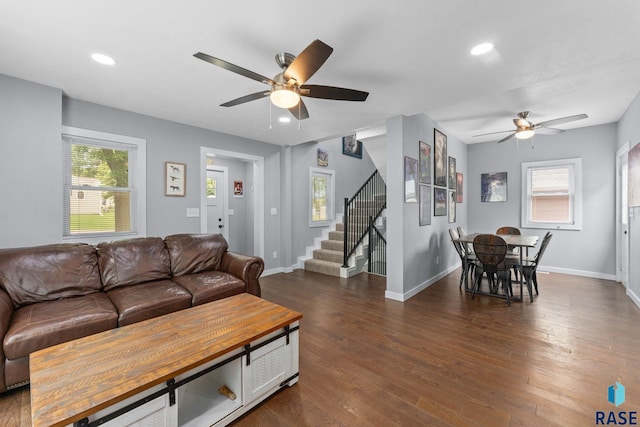 600 Sunnyside Ave, Valley Springs, SD 57068 - living area featuring a ceiling fan, stairway, dark wood-style floors, and recessed lighting