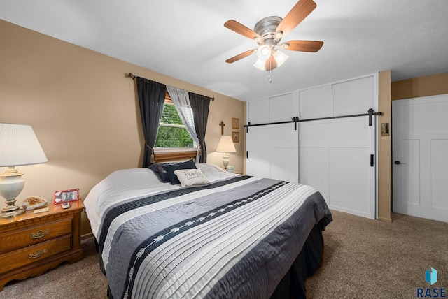 26045 485th Ave, Valley Springs, SD 57068 - carpeted bedroom with ceiling fan, a barn door, and a closet