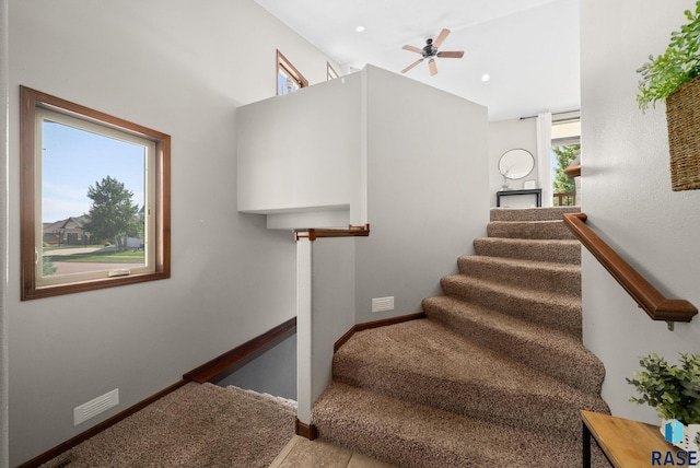 212 N Fairway Dr, Brandon, SD 57005 - stairway featuring a ceiling fan and carpet flooring