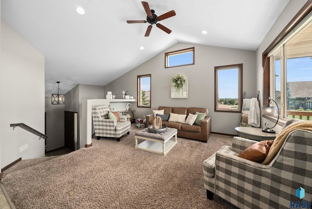 212 N Fairway Dr, Brandon, SD 57005 - carpeted living area featuring vaulted ceiling, a ceiling fan, and recessed lighting