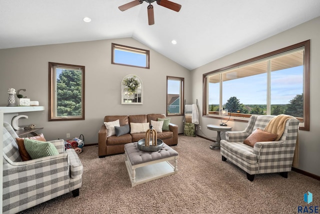 212 N Fairway Dr, Brandon, SD 57005 - living room with carpet flooring, a ceiling fan, vaulted ceiling, and recessed lighting