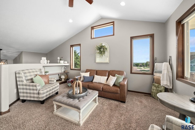 212 N Fairway Dr, Brandon, SD 57005 - living room with carpet flooring, a ceiling fan, and vaulted ceiling
