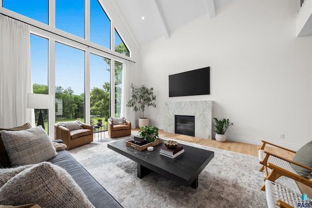 1617 S Scarlet Oak Pl, Sioux Falls, SD 57110 - living area featuring beamed ceiling, high vaulted ceiling, a fireplace, and wood finished floors