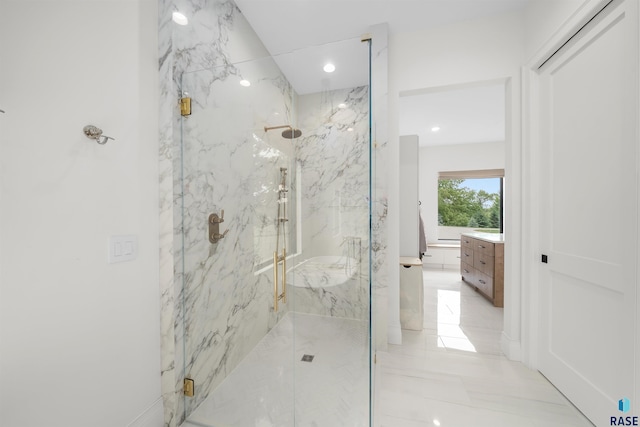 1617 S Scarlet Oak Pl, Sioux Falls, SD 57110 - bathroom featuring a marble finish shower, vanity, and recessed lighting