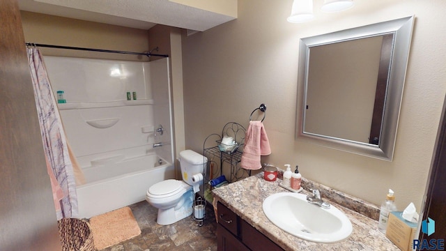 210 Lindsay Dr, Aurora, SD 57002 - bathroom featuring vanity, stone finish floors, and shower / tub combo