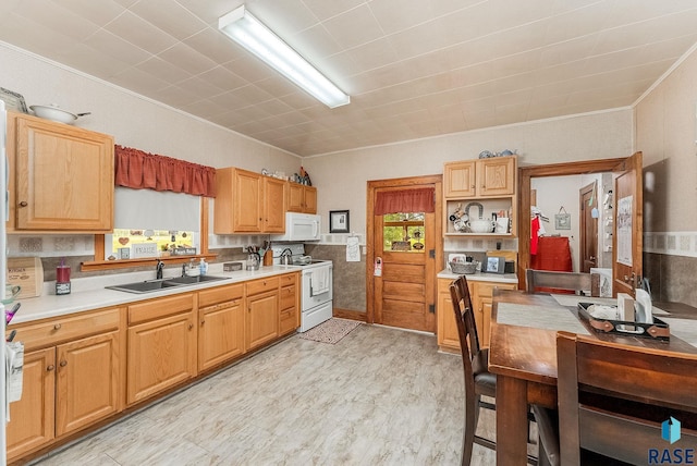 28437 462nd Ave, Davis, SD 57021 - kitchen with white appliances, crown molding, light countertops, light wood-style flooring, and open shelves