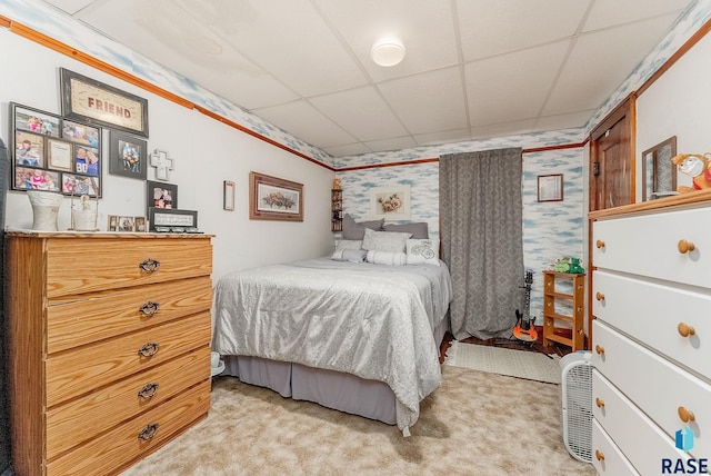 28437 462nd Ave, Davis, SD 57021 - bedroom featuring a paneled ceiling, light colored carpet, and wallpapered walls