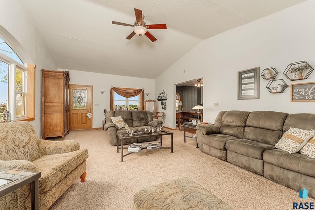 28437 462nd Ave, Davis, SD 57021 - living area with a ceiling fan, lofted ceiling, healthy amount of natural light, and light colored carpet