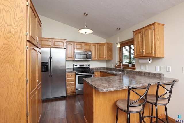 4400 E 38th St, Sioux Falls, SD 57103 - kitchen with stainless steel appliances, vaulted ceiling, a peninsula, dark countertops, and dark wood-style floors