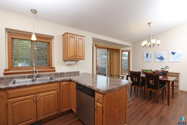 4400 E 38th St, Sioux Falls, SD 57103 - kitchen with dishwasher, a peninsula, a chandelier, and dark wood-style floors