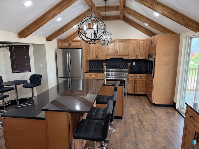 27139 US Highway 81, Freeman, SD 57319 - kitchen featuring appliances with stainless steel finishes, dark countertops, a chandelier, and recessed lighting