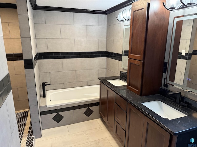 27139 US Highway 81, Freeman, SD 57319 - full bath with tiled tub, double vanity, tile patterned floors, and crown molding