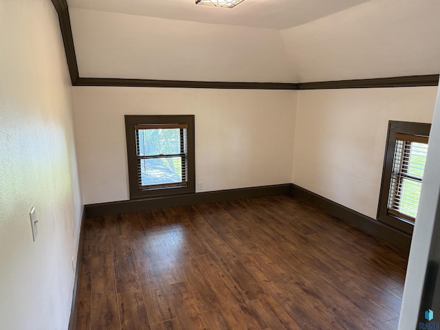 27139 US Highway 81, Freeman, SD 57319 - empty room with plenty of natural light, ornamental molding, dark wood finished floors, and vaulted ceiling