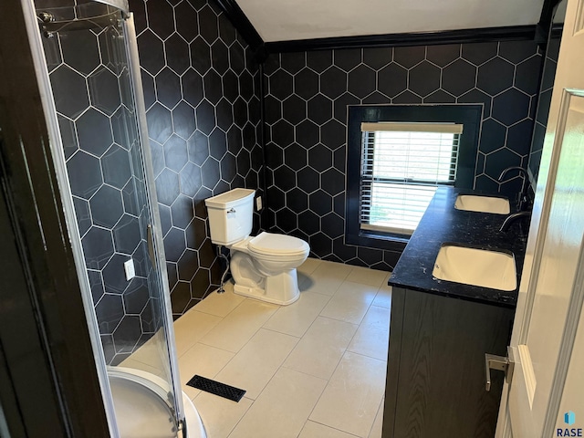 27139 US Highway 81, Freeman, SD 57319 - full bath featuring tile walls, a stall shower, double vanity, and tile patterned flooring