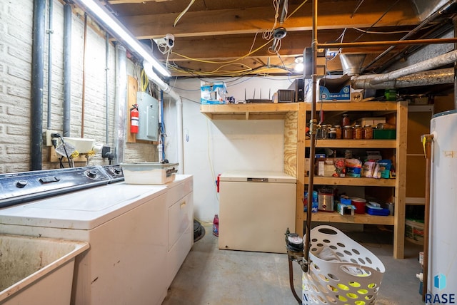4504 S Plains Dr, Sioux Falls, SD 57106 - unfinished basement with white fridge, washer and clothes dryer, electric panel, and water heater