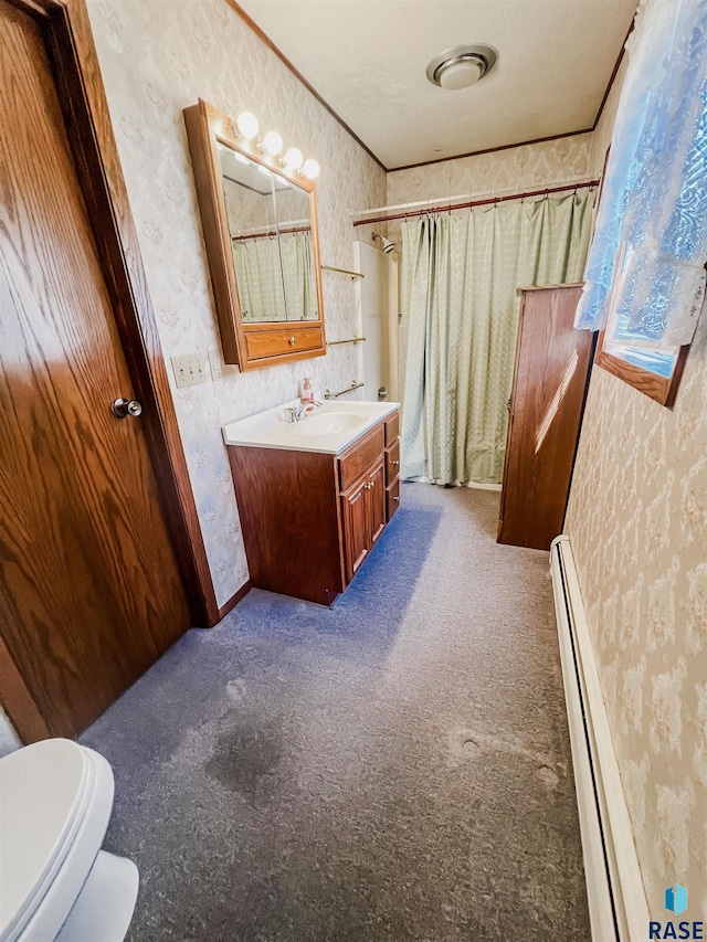 402 E 1st Ave, Beaver Creek, MN 56116 - full bath featuring wallpapered walls, a baseboard radiator, vanity, curtained shower, and carpet flooring