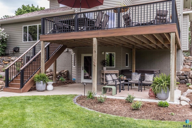 5101 S Jasmine Trl, Sioux Falls, SD 57108 - back of house featuring a patio, brick siding, an outdoor living space, a wooden deck, and stairway