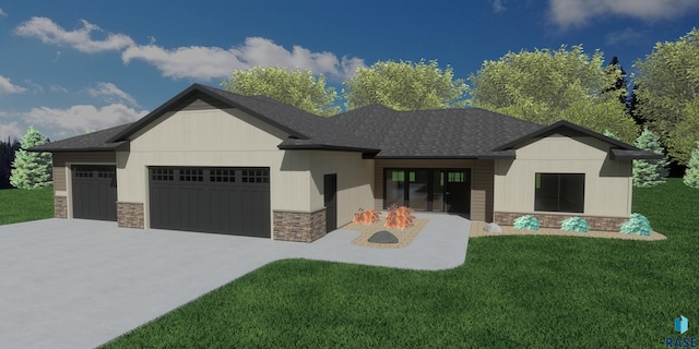 5505 E Daybreak Cir, Sioux Falls, SD 57110 - view of front of home with stone siding, a garage, a front yard, driveway, and roof with shingles