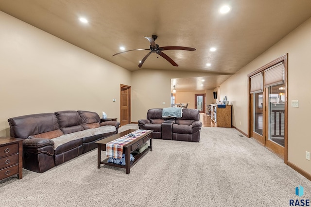 705 Railway St, Canistota, SD 57012 - living room featuring recessed lighting, ceiling fan, carpet floors, and vaulted ceiling