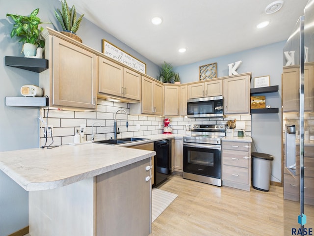 2560 E Meadowside Pl, Sioux Falls, SD 57108 - kitchen featuring open shelves, appliances with stainless steel finishes, light brown cabinets, light countertops, and tasteful backsplash