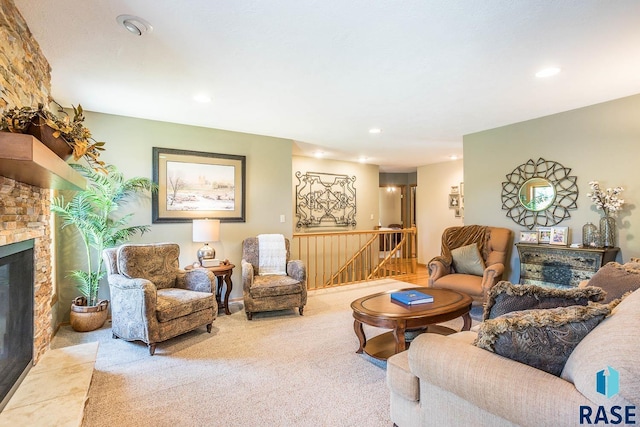 6500 E Split Rock Rd, Sioux Falls, SD 57110 - carpeted living room featuring a large fireplace and recessed lighting