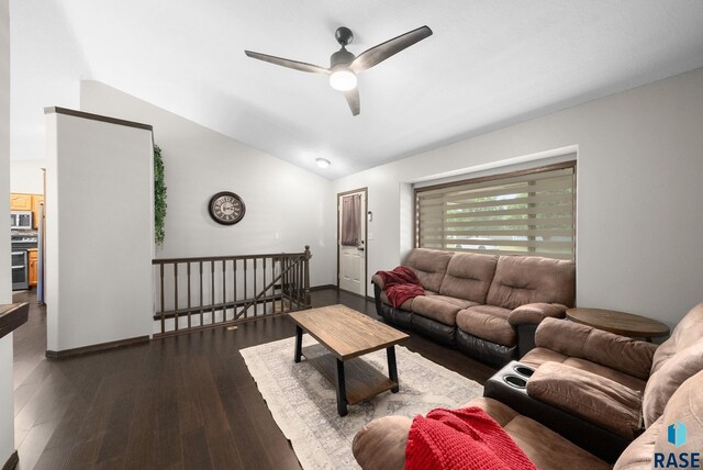 6045 W Jordan Ct, Sioux Falls, SD 57106 - living room with ceiling fan, wood-type flooring, and lofted ceiling