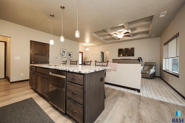 7905 S Brande Park Cir, Sioux Falls, SD 57108 - kitchen with stainless steel dishwasher, coffered ceiling, dark brown cabinetry, light wood-style floors, and ceiling fan