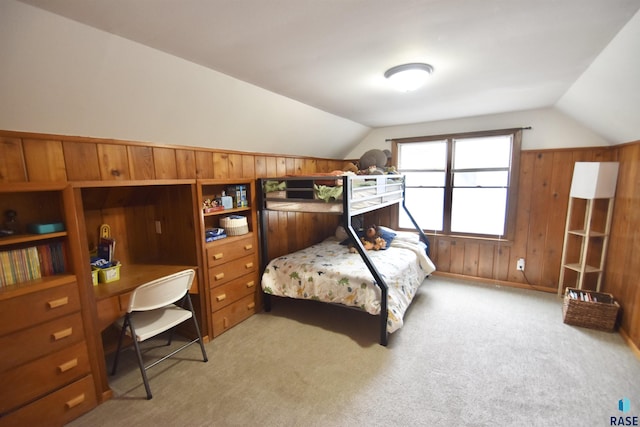 1620 S W Ave, Sioux Falls, SD 57105 - bedroom featuring vaulted ceiling, wooden walls, light carpet, and an office area