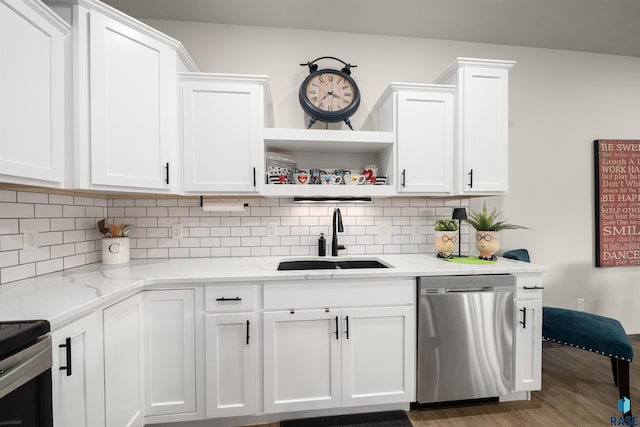 5402 S Bahnson Ave, Sioux Falls, SD 57108 - kitchen with stainless steel appliances, open shelves, decorative backsplash, white cabinetry, and light stone counters