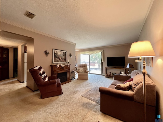 3552 S Gateway Blvd Unit 204, Sioux Falls, SD 57106 - living room with light carpet, ornamental molding, a fireplace, and a textured ceiling