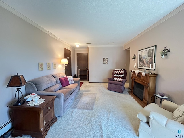 3552 S Gateway Blvd Unit 204, Sioux Falls, SD 57106 - living room featuring baseboard heating, crown molding, light colored carpet, a fireplace, and a textured ceiling
