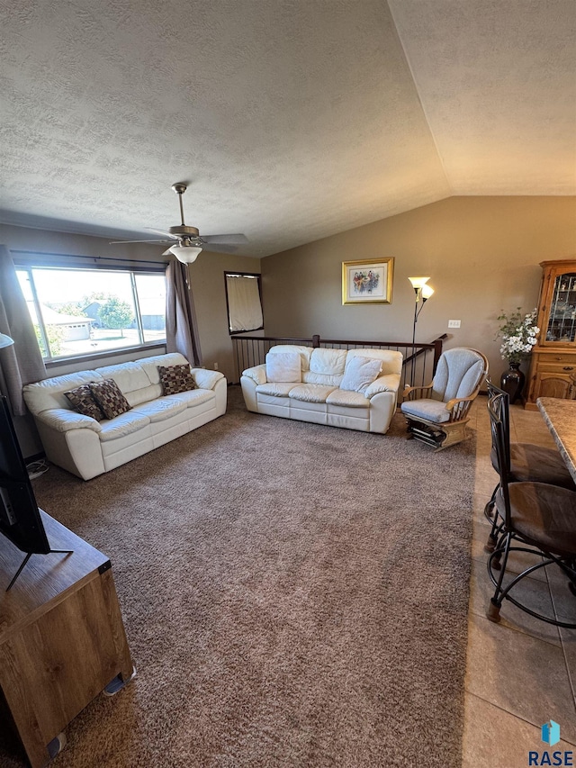 6509 S Tomar Rd Unit 3, Sioux Falls, SD 57108 - carpeted living room featuring vaulted ceiling, a ceiling fan, and a textured ceiling