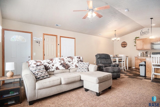 3604 W 93rd St, Sioux Falls, SD 57108 - living area featuring lofted ceiling, ceiling fan, a chandelier, and carpet floors