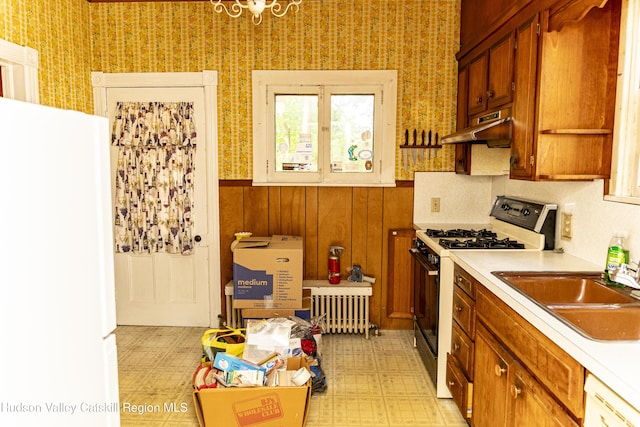 53 Broad St, Catskill, NY 12414 - kitchen with white appliances, ventilation hood, radiator, wallpapered walls, and light countertops