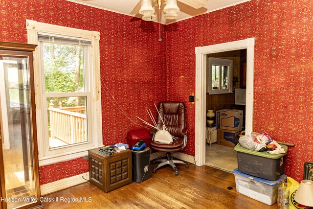 53 Broad St, Catskill, NY 12414 - home office with wood finished floors, ceiling fan, wallpapered walls, and crown molding