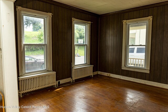 53 Broad St, Catskill, NY 12414 - unfurnished room featuring radiator heating unit, crown molding, dark wood-style floors, and wood walls
